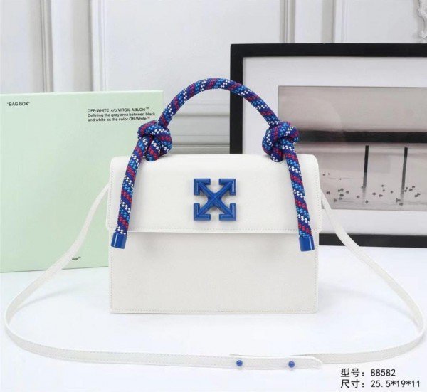 Off-White Leather Insert Gummy white with Metallic Blue Arrows At Front. Rope Handle Jitney 1.4 Shoulder Bag (D88532 White)