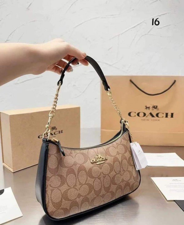 Coach Teri Singature Canvas Shoulder Bag With Box Dustbag SlingBelt