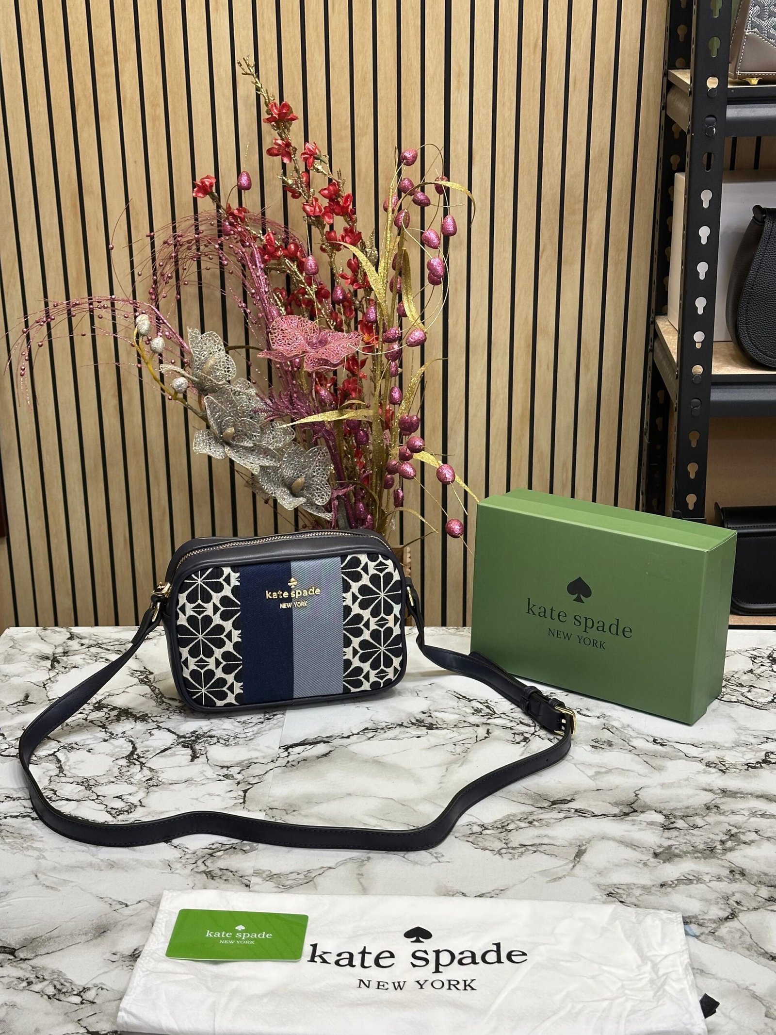 KATE SPADE FLOWER JACQUARD STRIPS MULTI COLOUR CROSSBODY BAG