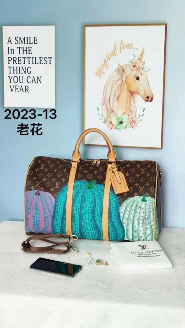 Louis Vuitton Keepall Duffle Bandouliere Bag Yayoi Kusama Pumpkins Monogram Canvas 45_(2023_13)(LB)