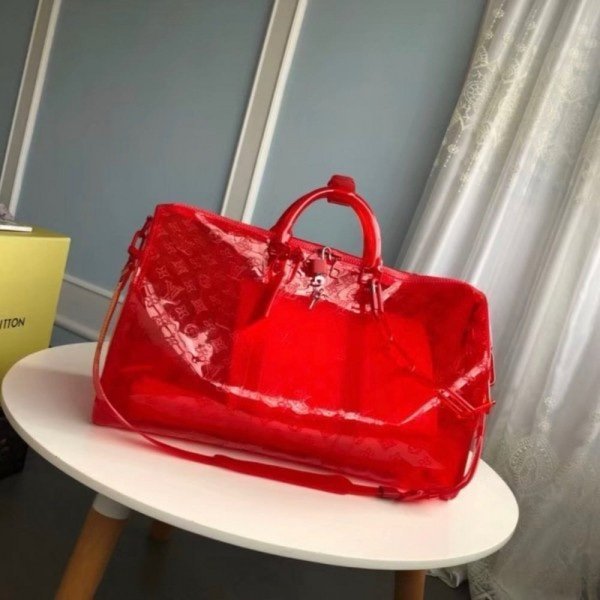 Louis Vuitton Keepall Bandouliere 50 Red Transparent Travel Duffle Bag With Dust Bag  (L-810)(LB)