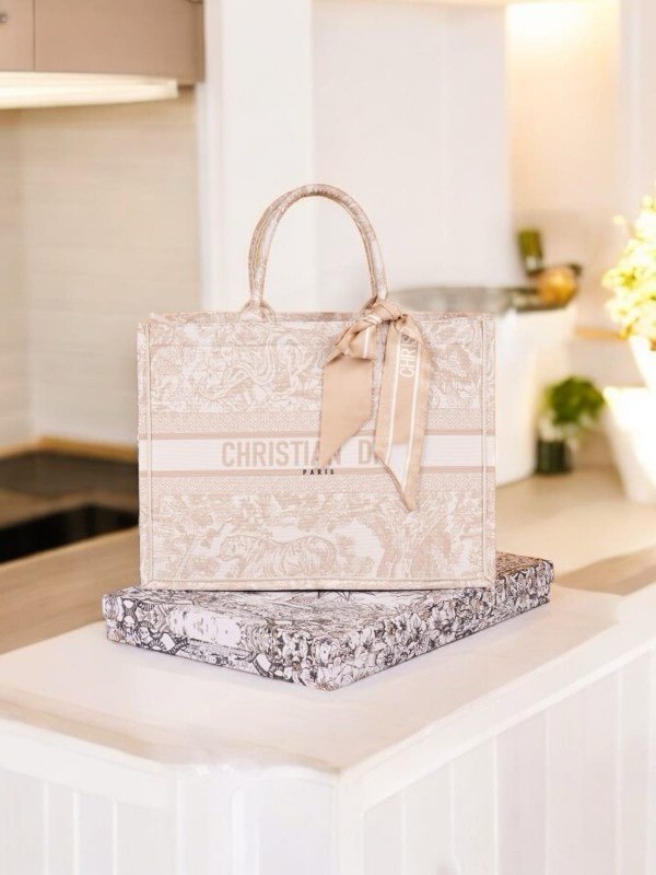 Dior Book Tote Cream Toile De Jouy With OG Box & Dust Bag & Scarf (Cream_Tiger-842)(BSB)