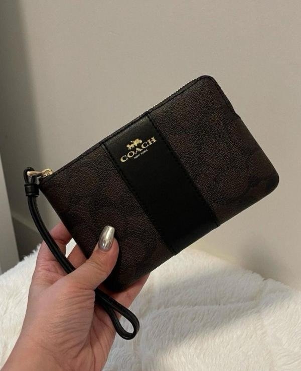 Coach Corner Zip Wristlet in Signature Brown Canvas With Black Stripe With OG Box_& Dust Bag 103(LB)