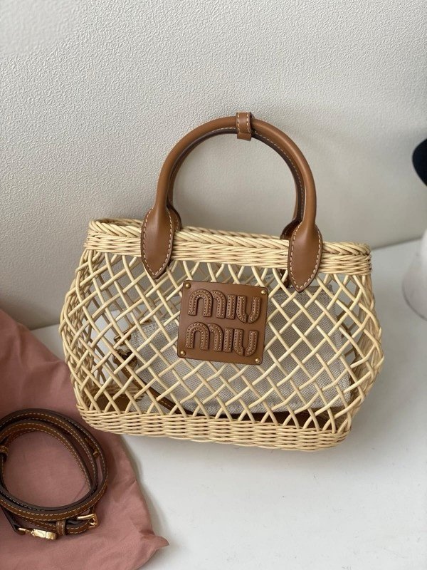 Miu Miu Woven Fabric Handbag With Leather Trim With Pouch With Dust Bag (609 Brown)(LB)