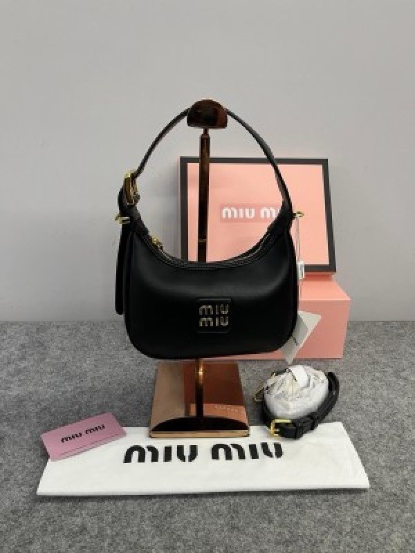 Miu Miu Leather Hobo armpit Bag With OG Box & Dust Bag (359 Black)(LB)
