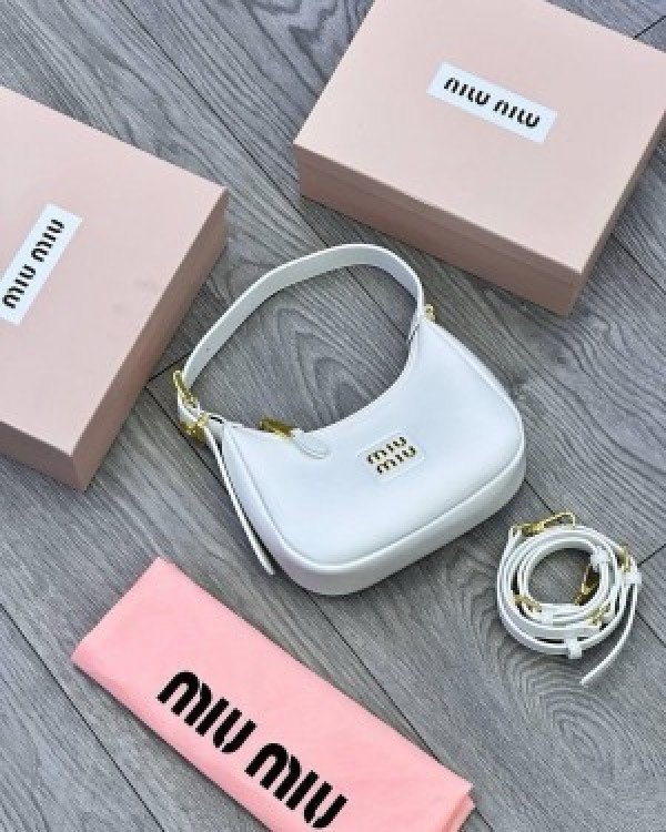 Miu Miu Leather Hobo armpit Bag With OG Box & Dust Bag (359 White)(LB)