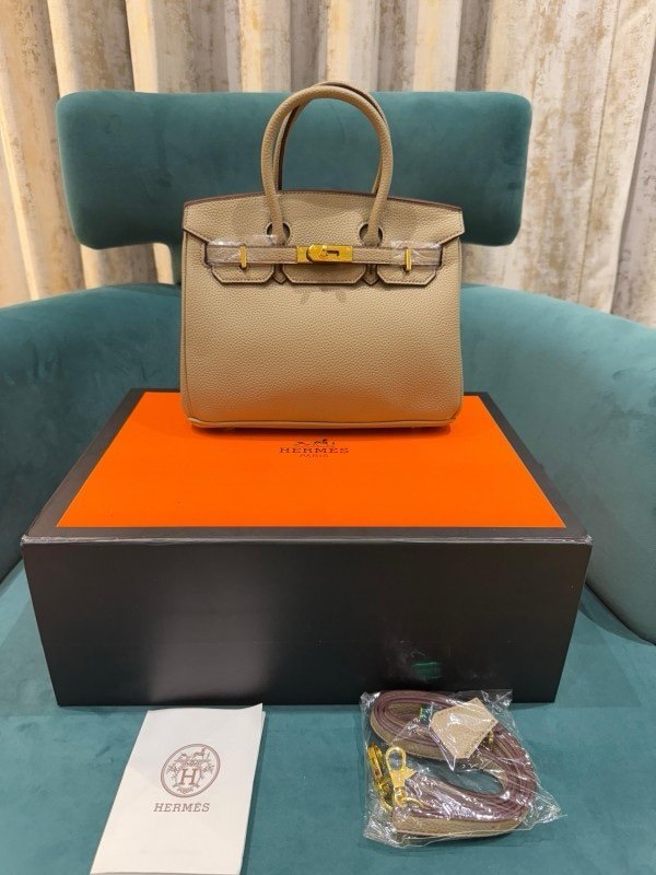 Hermes Apricot Grey Togo Leather Rose Gold Hardware Birkin Bag With Dust Bag & OG Box (BK25 Apricot Grey)(LB)