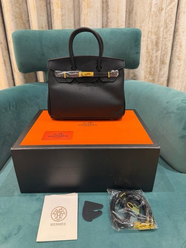Hermes Black Togo Leather Rose Gold Hardware Birkin Bag With Dust Bag & OG Box (BK25 Black)(LB)