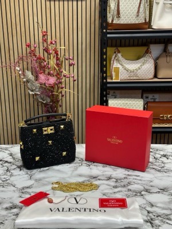 VALENTIN O RHINESTONE LAVIE HANDBAG WITH BOX CARD DUST BAG (BLACK)(MT)