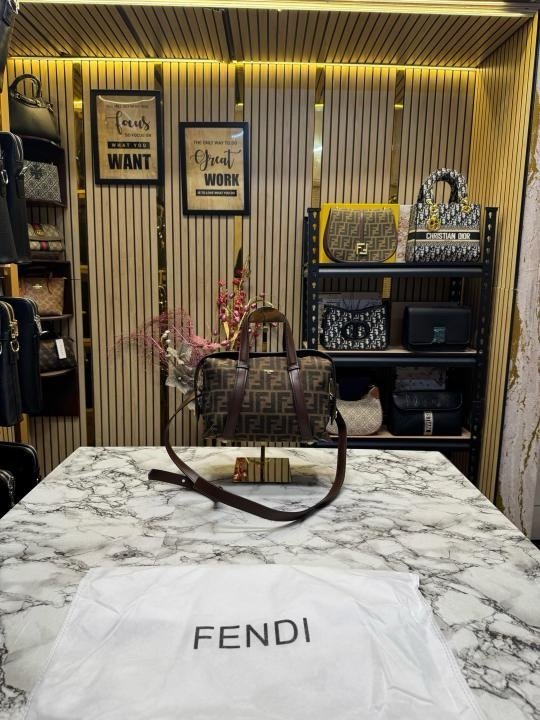 FEND I LEATHER BOWLING HANDBAG WITH SLING PREMIUM QUALITY WITH DUST BAG (COFFEE BROWN)