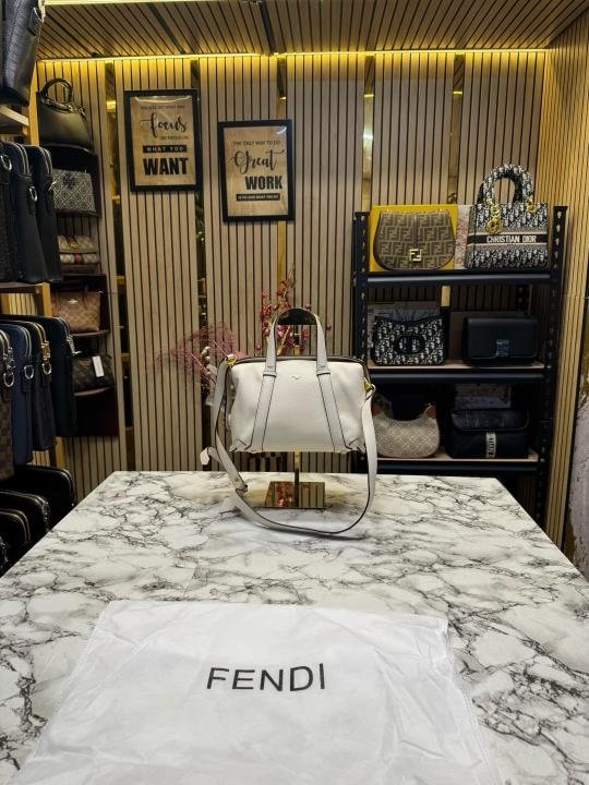 FEND I LEATHER BOWLING HANDBAG WITH SLING PREMIUM QUALITY WITH DUST BAG (WHITE)(MT)